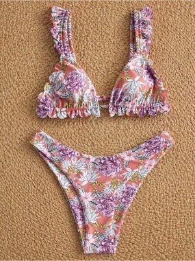 NWT Pilot Active Valencia Bikini Set Floral Ruffle Pink 2 Piece Swimsuit Large